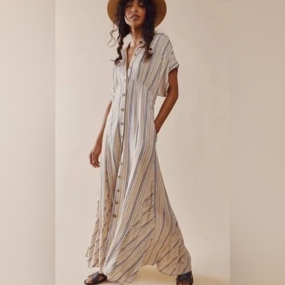 Anthropologie Blue Striped Button-Front Maxi Dress - Picture 3 of 5